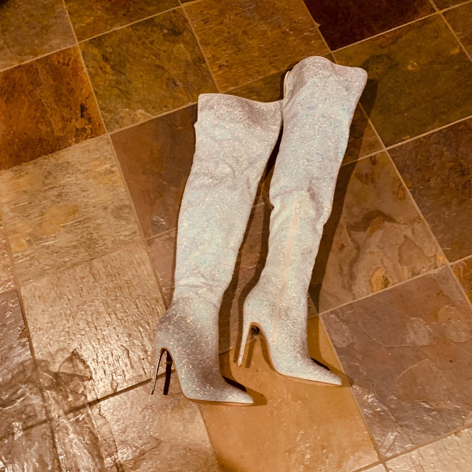 COURTLY-3015 女式性感 5 英寸高白色闪光大腿高筒靴,尺寸。 8(G125) — 第 2/4 张图片