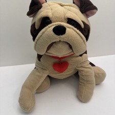 HugFun Brown Bulldog Dog Sits With Red Heart Collar 15 Plush VGUC CHARITY