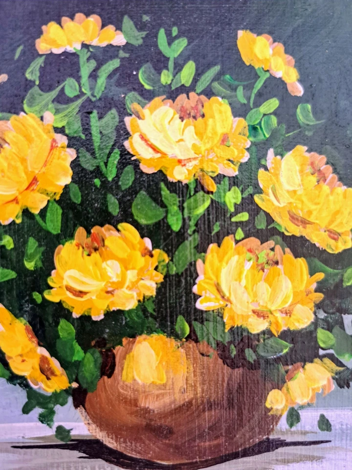 PINTURA AL ÓLEO ORIGINAL VIVIAN HOLLAN SWAIN VINTAGE PEQUEÑAS FLORES AMARILLAS FLORAL Foto 4 de 4