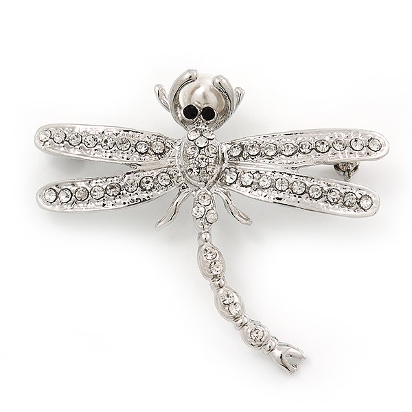 Clear Crystal 'Dragonfly With Simulated Pearl' Brooch In Silver Plated Metal -
