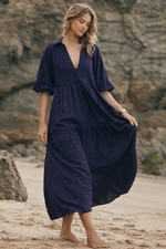 Anthropologie Gingham Blue Tiered Maxi Dress Size L Cotton Check Plaid Boho