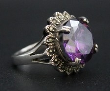 .925 STERLING SILVER Purple CZ & MARCASITE Cocktail Ring, Size N, 11.21g - W61