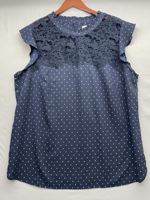 Loft Plus 16 Navy Blue/ White Polka Dots Lace On Top Ruffle Cap Sleeves Blouse