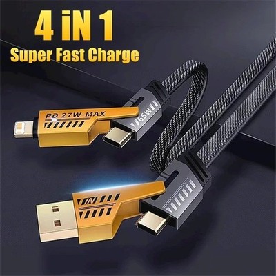 4Ft 65W 4 in 1 Multi Charging Cable Flat Braided USB C Charge Cord Data Transfer