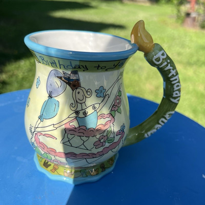 VTG Blue Sky Birthday Queen 16 oz Ceramic Mug Painted Decorated Handle Novelty