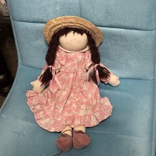 Rag Doll Pink Dress Pigtails Straw Hat Country 