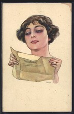 Cartolina artistica Leopoldo Metlicovitz: Dama legge un telegramma 