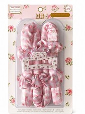 Pink Floral Satin Heatless Hair Curler Set Scrunchies Claw Clip 4 Piece Set