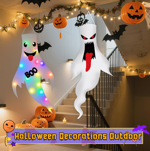 Halloween Hanging Ghost Decorations 2 Pack 47in Light Up LED Outdoor Indoor - Picture 4 of 15