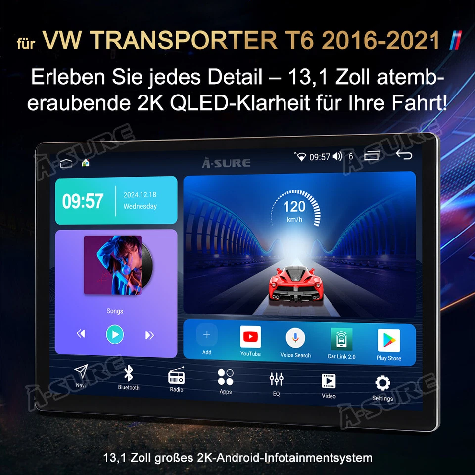 13.1" Android 15 Autoradio 4+64GB 2K Für VW T6 Transporter Multivan 2016-2021 - Bild 2 von 4