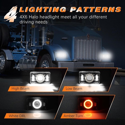 4x6 LED Headlights DOT Approved w Halo White DRL Amber Turn Signal Light, 1494 - Picture 3 of 7