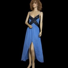 Vintage Long Lapis Blue  Black Lace Leg Showing Nylon Nightgown Sz L