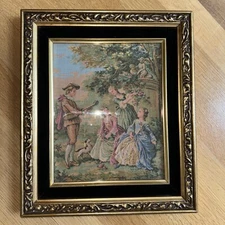 French Tapestry Fabric Picture Baroque Style Rococo Theme Gold Frame 15 X 11 VTG