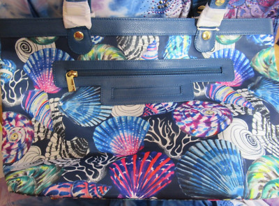 ANUSCHKA WANDERLUST Hand Crafted Ocean Seashell Fabric Leather Trim City Tote
