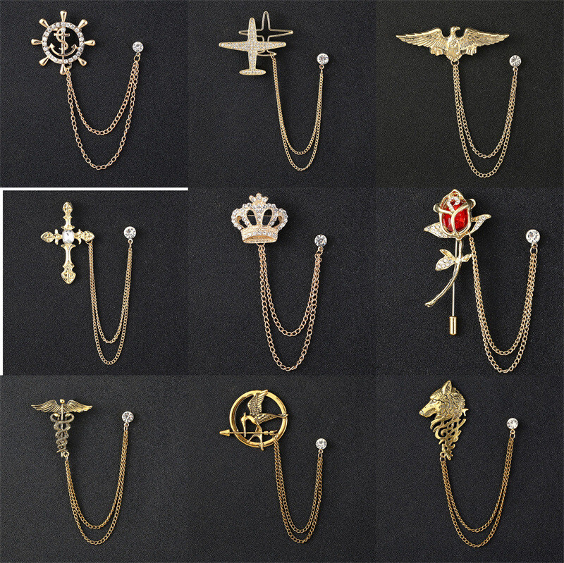 Men's Brooch Jewelry Suit Chain Pin Cross Rhinestone Wedding Groom Accessories