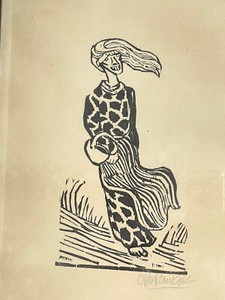 Otto Pankok Woodblock Print Woman in the Wind Sea Female Beach Woodcut Beach