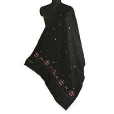 Sanskriti Vintage Long Black Pure Woolen Shawl Hand-Woven Tant Scarf Throw Stole