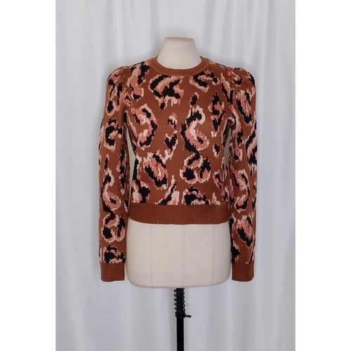 DEREK LAM Collective Brown Animal Print Sweater Leopard Puff Sleeves Large - Picture 2 of 14