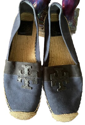 TORY BURCH Navy Blue Canvas Patent Leather Logo Espadrilles Shoes