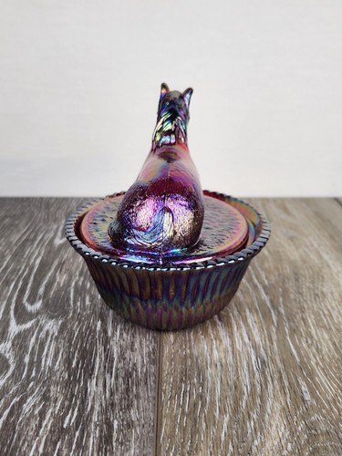 Ruby Red Carnival Glass Resting Pony Covered Trinket Candy Dish -Glows! - Picture 5 of 9