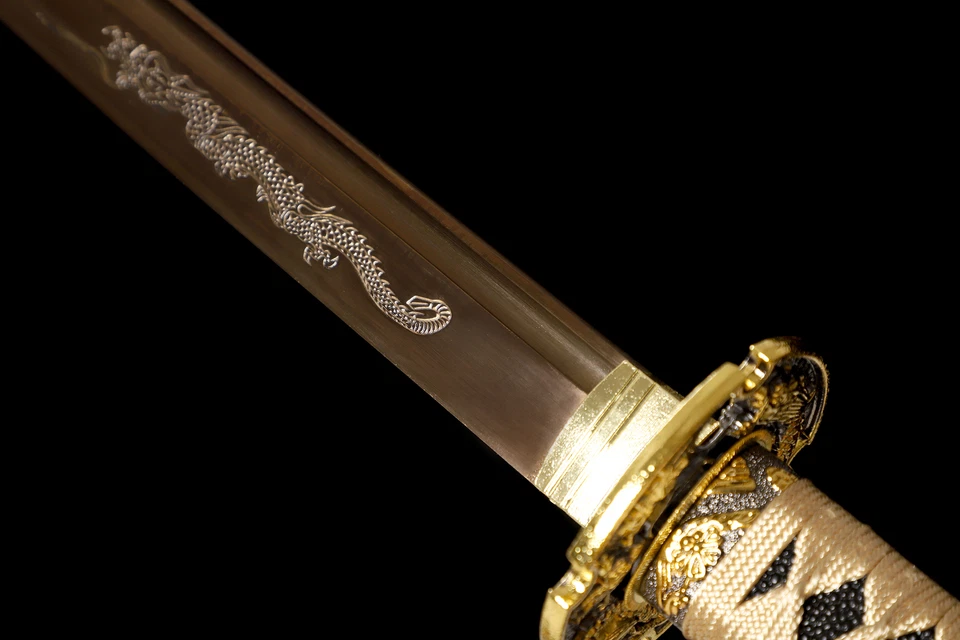 Espada samurai japonesa dragón dorado tradicional hecha a mano Katana de acero al carbono Foto 2 de 4