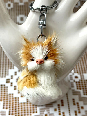 Schlüsselanhänger Katze Fell weiß & ocker H=4,6cm (Katzenteil) klein und süß