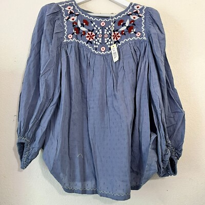 Max Studio Women's Embroidered Swiss Dot Fabric Long Sleeve Blouse Blue XL New