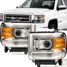 Chrome Headlights for GMC Sierra 1500 2014-2018 & 15-19 2500 3500HD Amber Concer