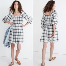 Madewell Lucie Elbow-Sleeve Smocked Mini Dress in Lebaum Plaid WOMENS XL NWOT