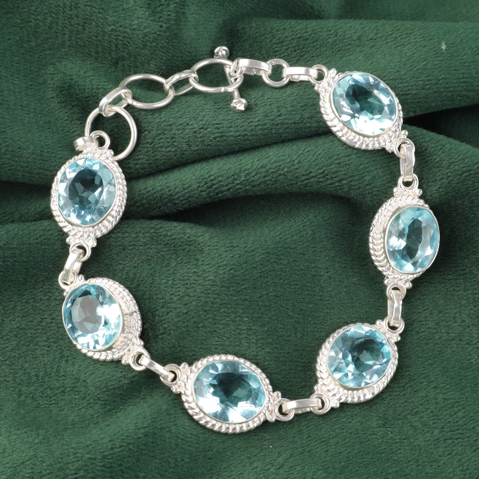 Natural Sky Blue Topaz Gemstone 925 Sterling Silver Chain Bracelet For Women - Image 3 of 4