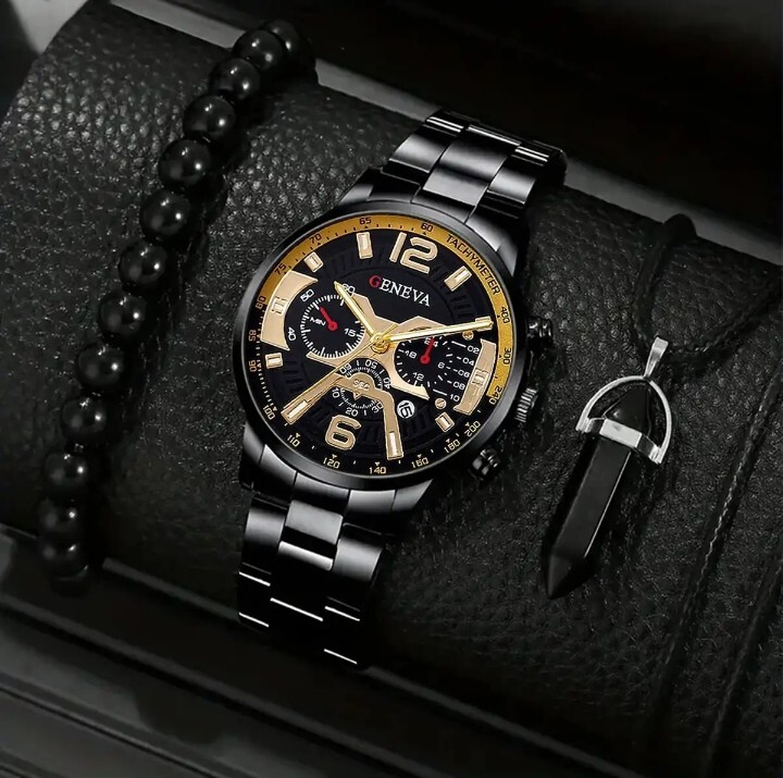 3pcs Men Simple Business Three Eyes Digital Watch Bracelet Necklace Set