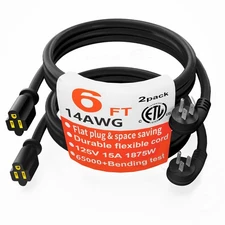 14 Gauge 6 Feet (2 Pack) Flat Plug Extension Cord Black Indoor Outdoor, Heavy