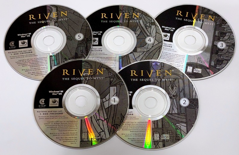 Riven: The Sequel to MYST for Windows 95/Mac OS from 1997. 5 CD-ROMs