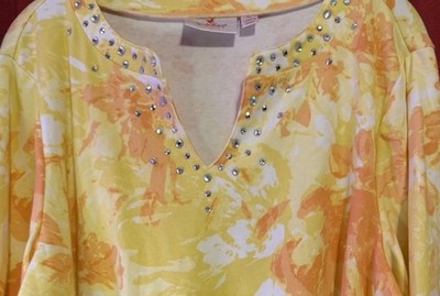 Quacker Factory Yellow Print with Rhineston Shirt XL NWOT