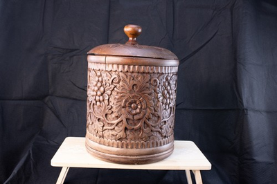 #ad Vintage Hand Carved Hardwood Floral Jar w Lid Rustic Artistry from the Old World $134.99