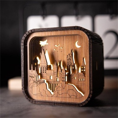 Harry Potter Hogwarts Hedwig's Theme Wood Windup Music Box Touch Activated Light