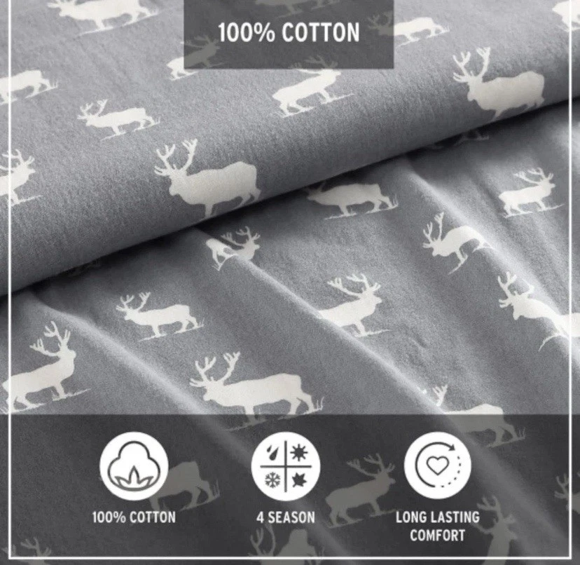Eddie Bauer Twin Grey 100% Cotton Flannel Sheet Set - Elk Pattern - Image 3 of 4