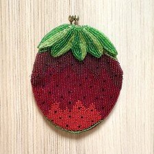 Vintage Delill Japan Hand Beaded Strawberry Coin Purse Kiss Lock Wallet