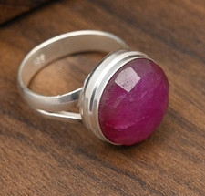 Faceted Ruby Lab-Created Gemstone Handmade 925 Sterling Silver Jewelry Ring