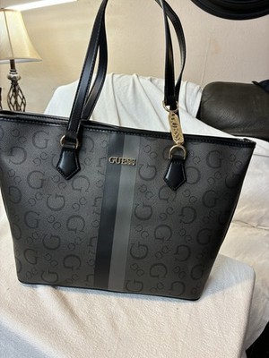 GUESS Black/Gray Logo Print Tote Bag Zip Top Double Handles Gold Hardware