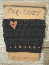crochet handmade coffee cup drink cozy sleeve heart button black 1pc