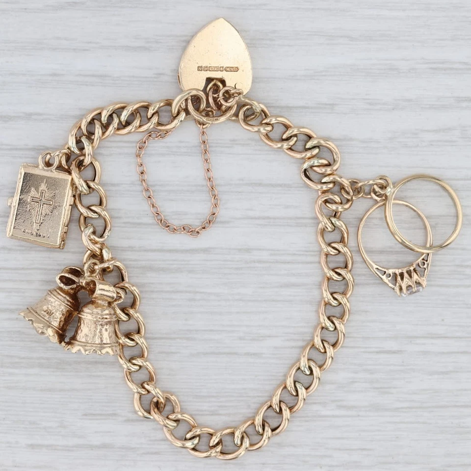 Винтажный свадебный тематический браслет с брелоками 9k золото 6,5» обочины цепочка кольцо Библия колокола - Изображение 2 из 4