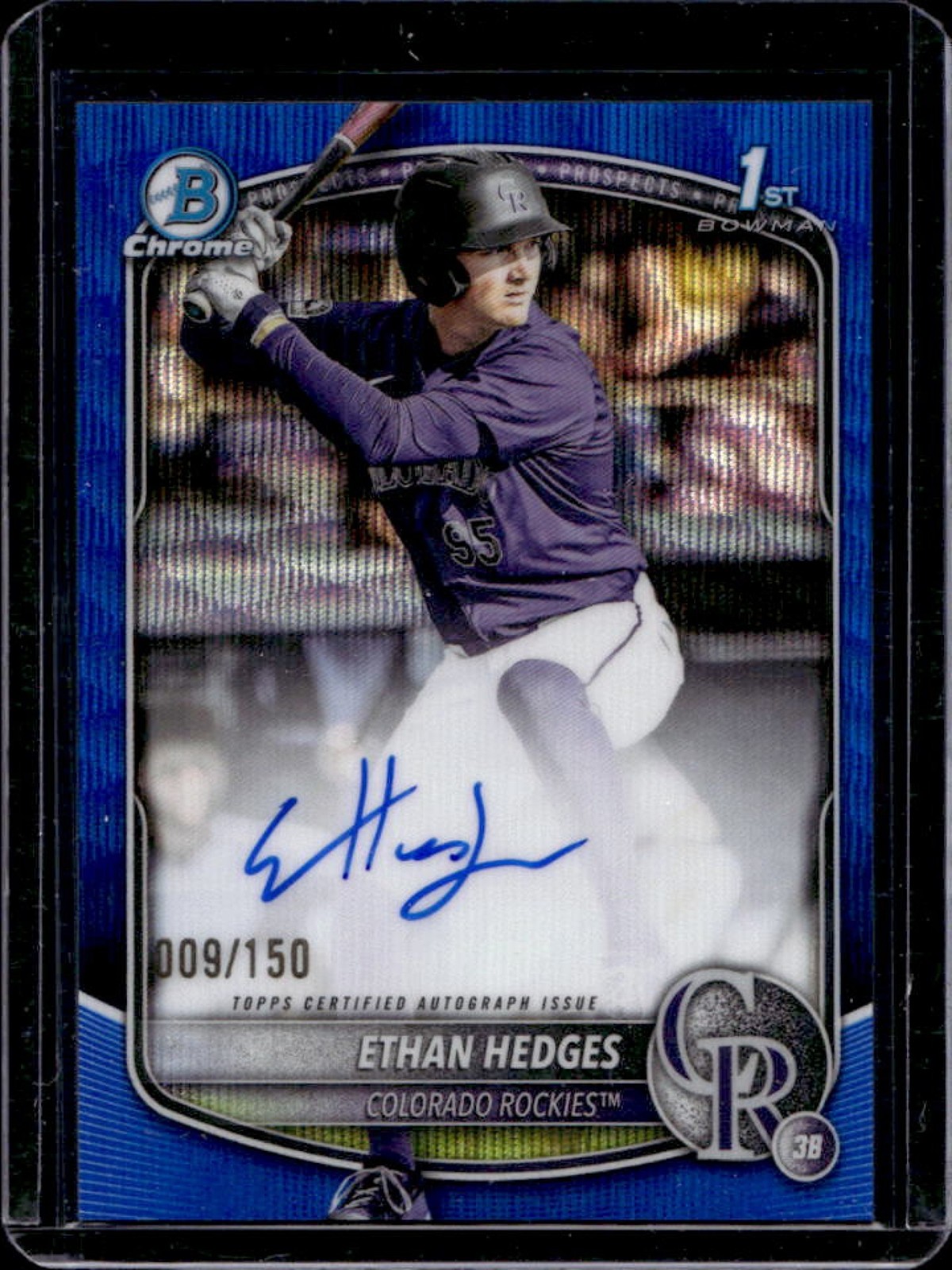 2025 Bowman Draft Ethan Hedges Chrome Auto Blue Wave Refractor 1st #/150 Rockies