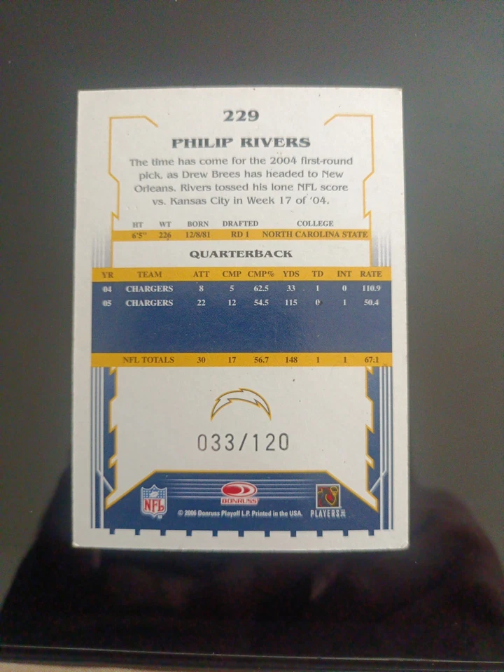 Philip Rivers 2006 puntaje rojo #'ed 033/120 San Diego Chargers #229 Foto 2 de 4