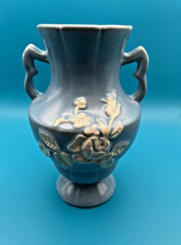 Weller Pottery Double Handled Cameo Blue Vase with White Rose Design