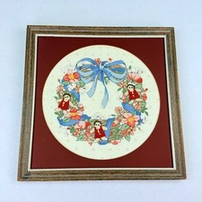 Vintage Framed Cross Stitch Floral Wreath Blue Ribbon Wall Art Wood Frame 12x12