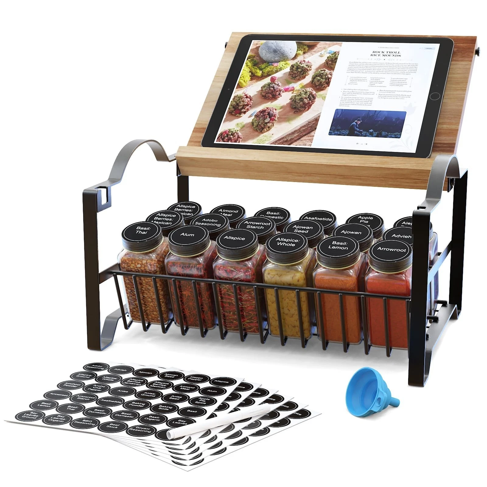 3 Tier Spice Rack Organizer with Bamboo Top Tablet Holder, 18 Spice Jars, 422...