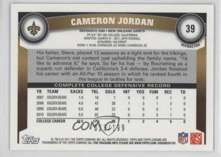 2011 Topps Chrome Blue Refractor /199 Cameron Jordan #39 Rookie RC - Image 2 of 2