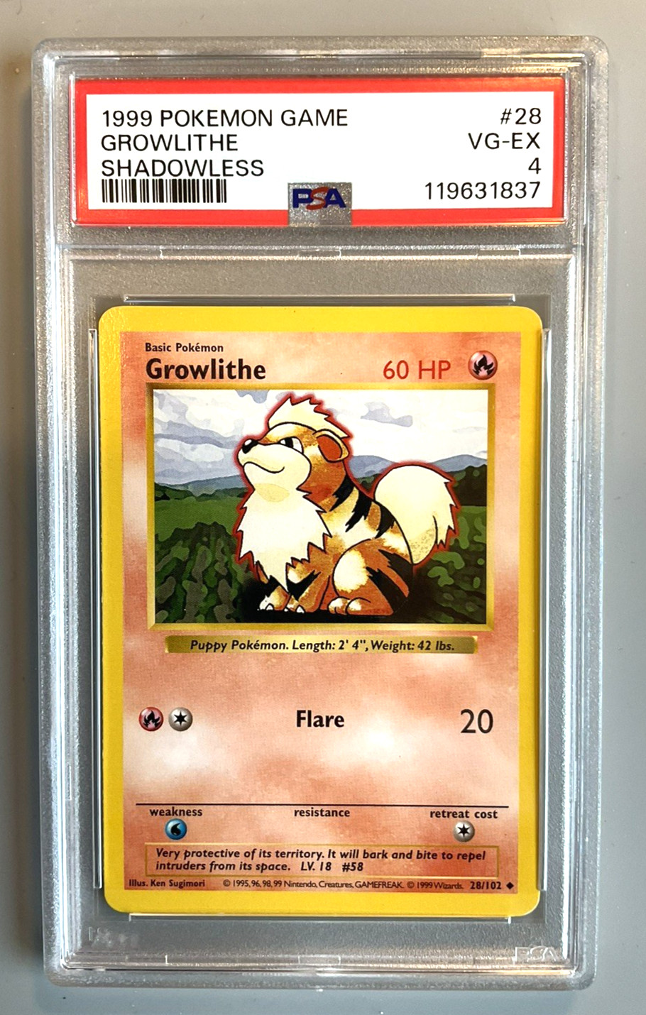Pokémon Card 1999 Base Set  Shadowless GROWLITHE  28/102  PSA 4
