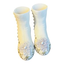 Set of 2 Porcelain Boot Figurines – White Floral Decorative Vases – Hand-Painted